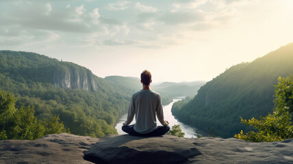 Meditating in lotus position, a young man finds inner peace on a mountain at sunset.