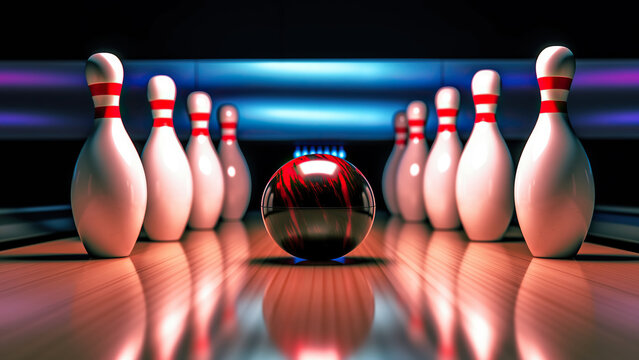Picture of bowling ball hitting pins scoring a strike. Bowling background.