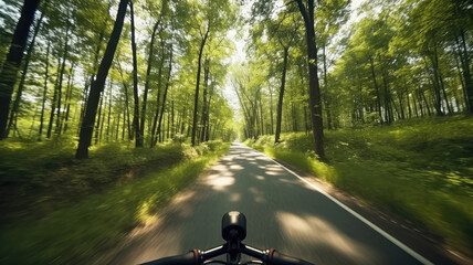 Riding on the road through the verdant forest, as seen by the cyclist. - obrazy, fototapety, plakaty
