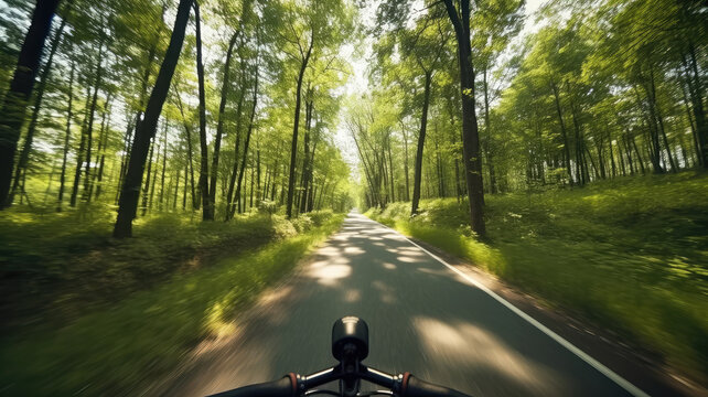 Riding on the road through the verdant forest, as seen by the cyclist.