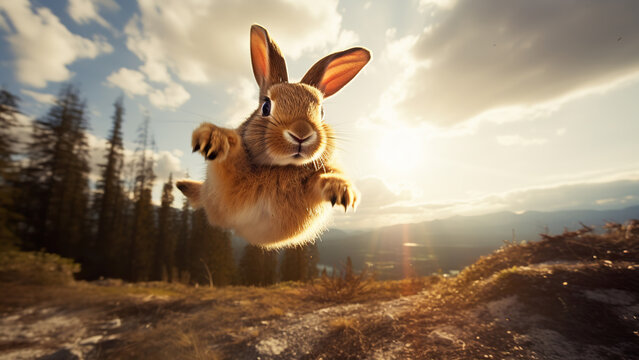 Photo rabbits that jumped on the background of nature.
