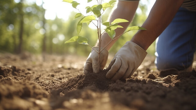 Up close, a farmer is planting a tree in the garden.