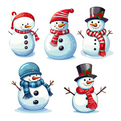 a collection of cute painted christmas snowmen isolated on a transparent background, generative ai