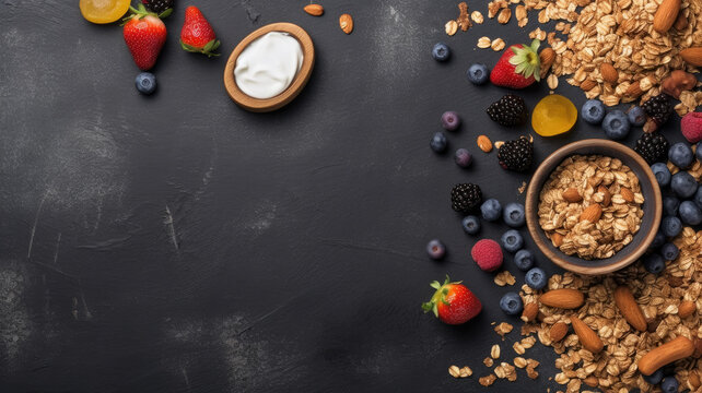 Healthy breakfast with granola, berries, and yogurt on a black background. Copy space.