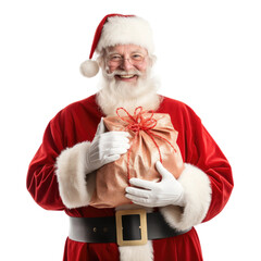a jolly santa claus holding a sack of gifts isolated on a transparent background, generative ai - obrazy, fototapety, plakaty