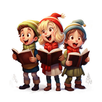 a group of happy children singing christmas carols isolated on a transparent background, generative ai