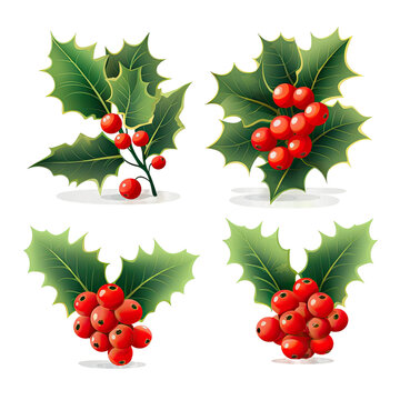 a set of christmas holly with red berries isolated on a transparent background, generative ai