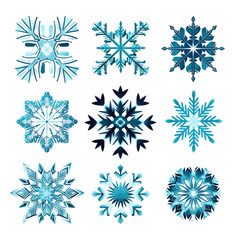 a set of snowflakes with different designs isolated on a transparent background, generative ai