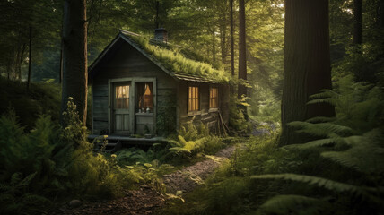wooden cottage nestled in a pine forest bathed in the warm sunlight.