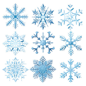 a set of snowflakes with different designs isolated on a transparent background, generative ai