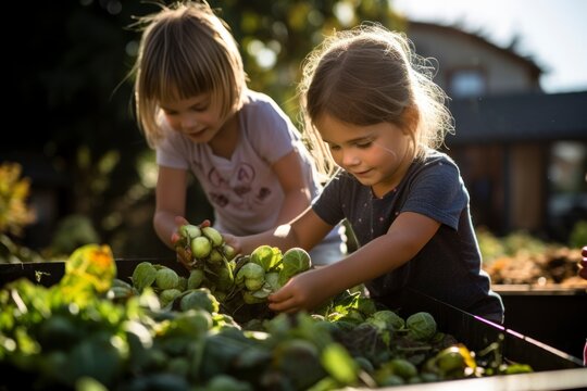 Children harvesting brussels sprouts.