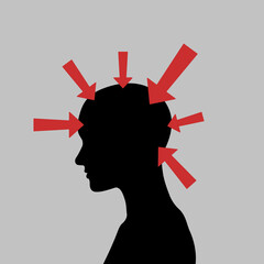 Głowa i czerwone strzałki. Ból głowy, natłok problemów, migrena. Ilustracja wektorowa.