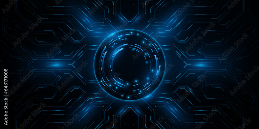 Poster sci-fi background with hud circle and glowing cpu board. hi-tech dashboard panel. ui and gui graphic