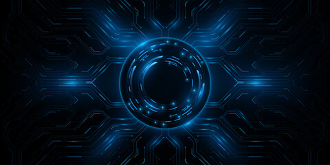 Sci-fi background with HUD circle and glowing cpu board. Hi-tech dashboard panel. UI and GUI graphic for your design. Big Data visualization. Vector illustration.