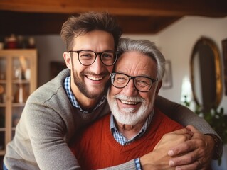 Adult hipster son fun hugging old senior father at home, two generations have a beard talking together and relaxing with smile, 2 man happy enjoy to living at home in father's day with : Generative AI