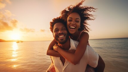 Black couple, travel and beach fun while laughing on sunset nature adventure and summer vacation or honeymoon with a piggy back ride. Comic, energy and black man and woman love on ocea : Generative AI