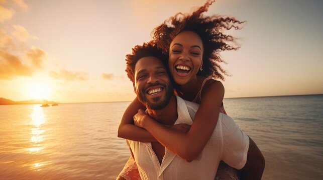 Black couple, travel and beach fun while laughing on sunset nature adventure and summer vacation or honeymoon with a piggy back ride. Comic, energy and black man and woman love on ocea : Generative AI