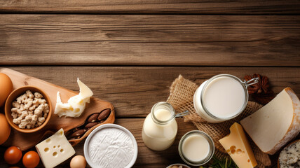 Fototapeta na wymiar top-down view of dairy products set against a rustic wooden background. Space reserved for your text or artwork.