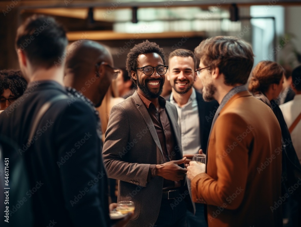 Poster creative men talking at networking event, sharing startup ideas and discussing new innovation at bus