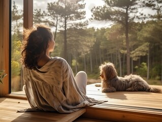Woman enjoys the nature while sits on sunbed on wooden terrace near the modern house with panoramic windows near pine forest while hugs her pet. Concept of solitude and recreation on n : Generative AI