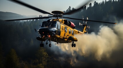 Fototapeta na wymiar Fire fighting helicopter carry water bucket to extinguish the forest fire : Generative AI