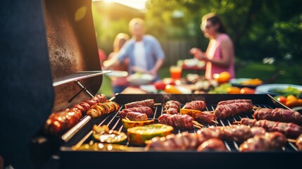 Group of friends having party outdoors. Focus on barbecue grill with food. Space for text : Generative AI