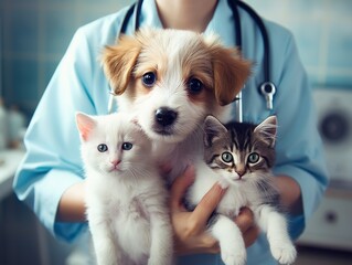 Vet examining dog and cat. Puppy and kitten at veterinarian doctor. Animal clinic. Pet check up and vaccination. Health care. : Generative AI - obrazy, fototapety, plakaty