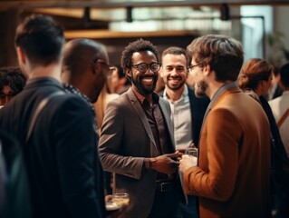 Creative men talking at networking event, sharing startup ideas and discussing new innovation at business conference. Diverse group of people meeting, collaborating or having a convers : Generative AI