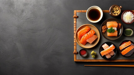 wooden tray presentation of Japanese sushi cuisine, perfectly captured from above, providing plenty of room for your content.