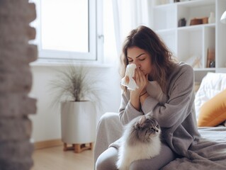 Young woman suffering from pet allergy at home : Generative AI