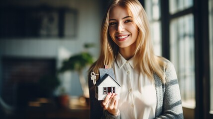Female woman hands holding home model, small miniature white toy house. Mortgage property insurance dream moving home and real estate concept : Generative AI - obrazy, fototapety, plakaty