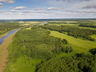 Obraz premium Aerial view of gulf meadows in the floodplain of the Oka River in Russia