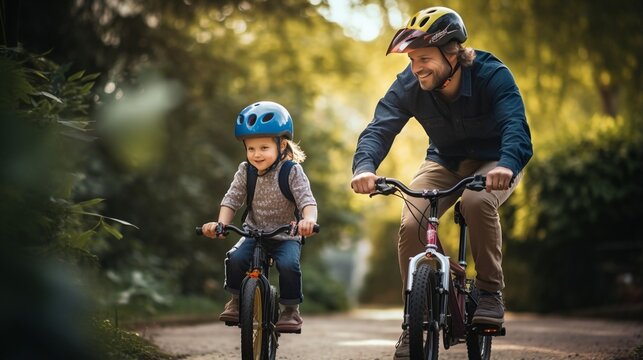 Learning, bicycle and proud dad teaching his young son to ride while wearing a helmet for safety in their family home garden. Active father helping and supporting his child while cycli : Generative AI