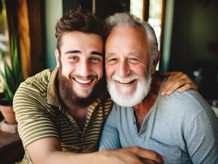 Fototapeta premium Adult hipster son fun hugging old senior father at home, two generations have a beard talking together and relaxing with smile, 2 man happy enjoy to living at home in father's day with : Generative AI