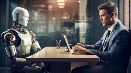 Man and AI robot waiting for a job interview: AI vs human competition : Generative AI
