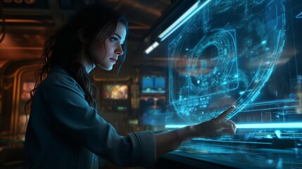 Fototapeta na wymiar A female engineer in the near future who operates a hologram screen : Generative AI