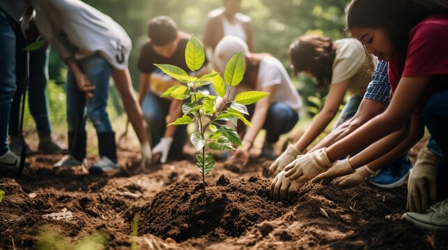 Group of Diverse People Digging Hole Planting Tree Together : Generative AI