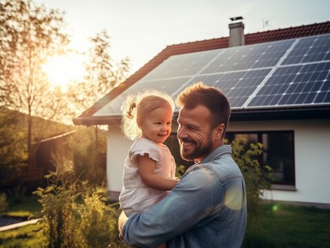 Rear view of dad holding her little girl in arms and showing at their house with installed solar panels. Alternative energy, saving resources and sustainable lifestyle concept. : Generative AI
