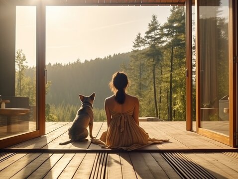 Fototapeta Woman enjoys the nature while sits on sunbed on wooden terrace near the modern house with panoramic windows near pine forest while hugs her pet. Concept of solitude and recreation on n : Generative AI