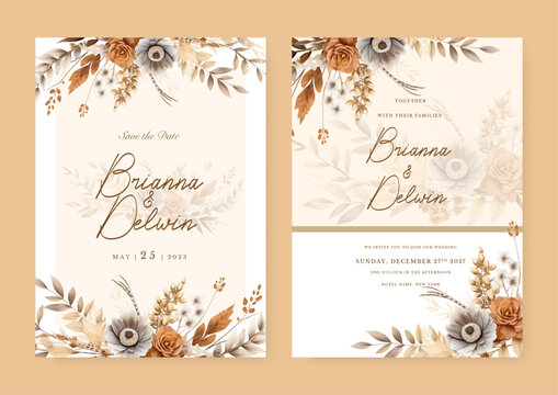 Gray and orange poppy rose modern wedding invitation rustic boho watercolor template with floral and flower