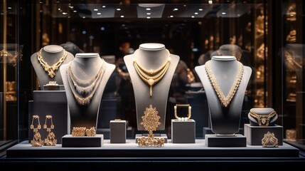 Jewelry diamond rings and necklaces show in luxury retail store window display showcase : Generative AI - obrazy, fototapety, plakaty
