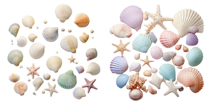 Png Set Sea shells with various colors and textures set against a transparent background