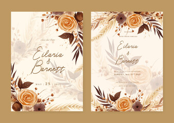 Orange and brown rose and violet modern wedding invitation rustic boho watercolor template with floral and flower