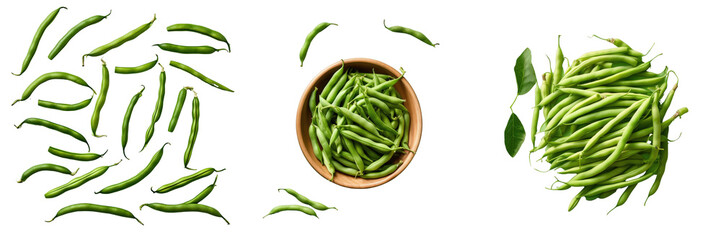 Png Set Top view of green beans on a transparent background - obrazy, fototapety, plakaty