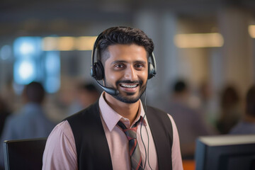 Positive attractive successful indian man in with headset, call center worker, business advisor, cyber company representative, support service operator, live online consultation