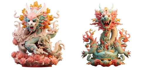 Obraz premium Png Set transparent background with isolated Chinese dragon sculpture statue and lotus on thousand pillars