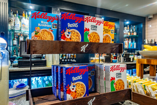 A selection of Kellogg's cereals at a breakfast buffet in a hotel.