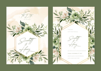 Green and white orchid modern wedding invitation rustic boho watercolor template with floral and flower