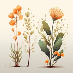 Illustration with painterly quality, botanical elements, vintage style flowers, long stems, muted colours, soft subtle, shades of green and orange and yellow, clipart, background, graphic elements