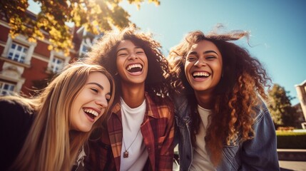Diverse group of happy young best friends having fun taking selfie photo together - International youth community people concept with multiethnic teenage people smiling at camera on se : Generative AI